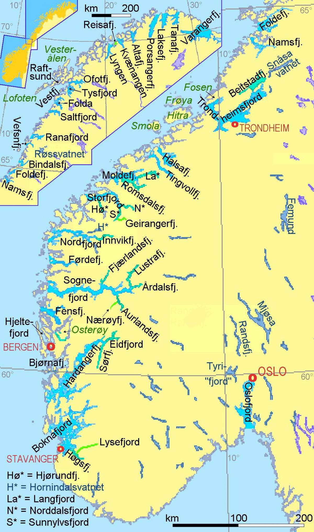 מפת נורבגיה מראה פיורדים